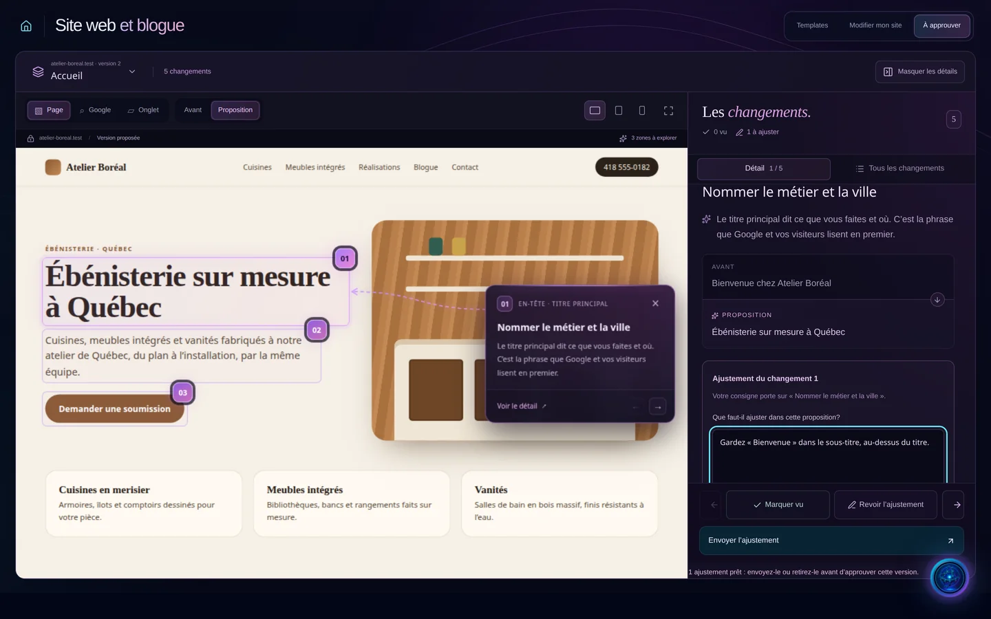 Capture de démonstration : le formulaire « Ajustement du changement 1 » : « Que faut-il ajuster dans cette proposition? », la consigne écrite et le bouton « Envoyer l’ajustement ».
