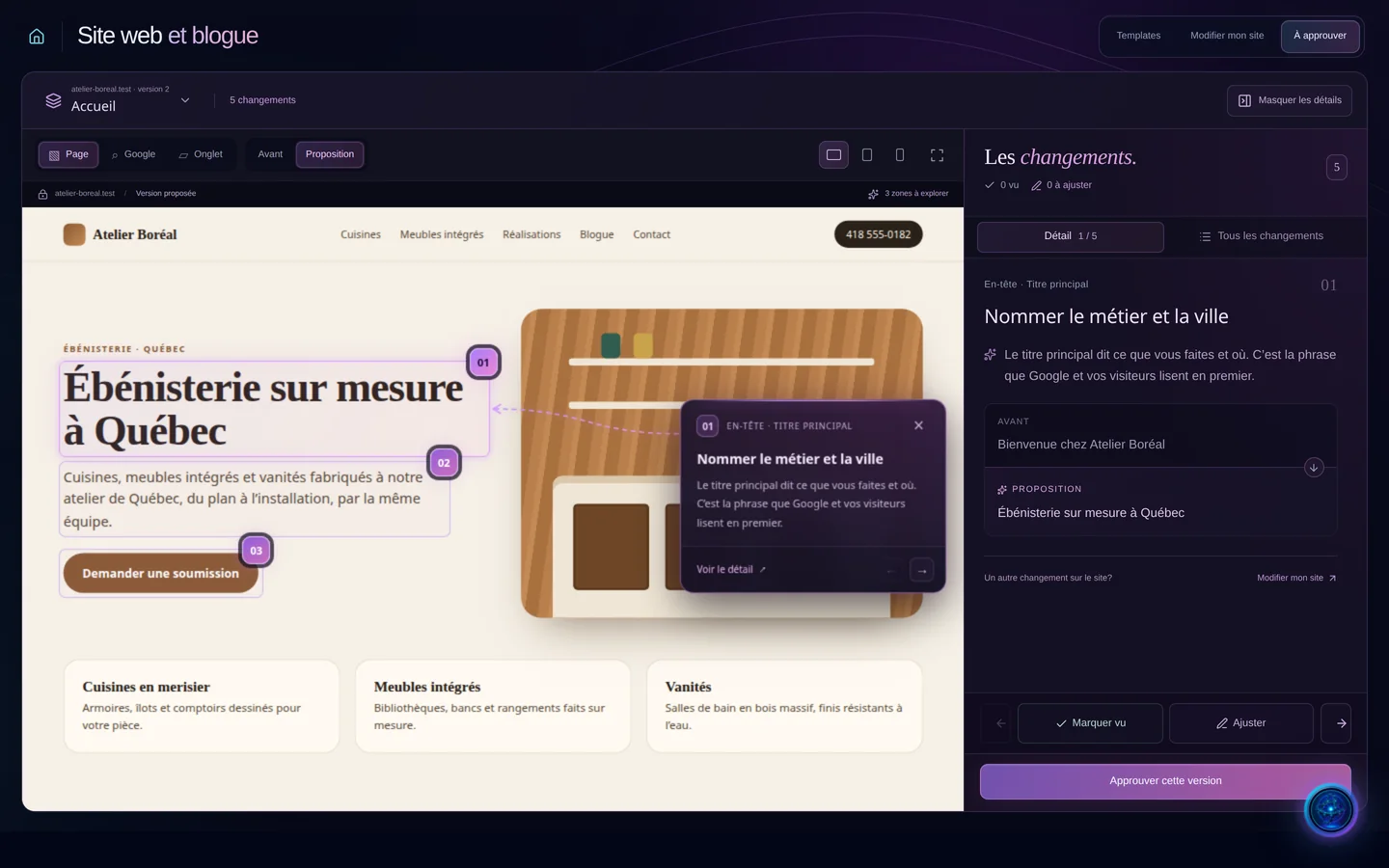 Capture de démonstration : l’accueil d’Atelier Boréal, entreprise fictive, dans « À approuver » : trois zones numérotées sur la page, et à droite chaque changement avec l’avant, la proposition et le bouton « Approuver cette version ».