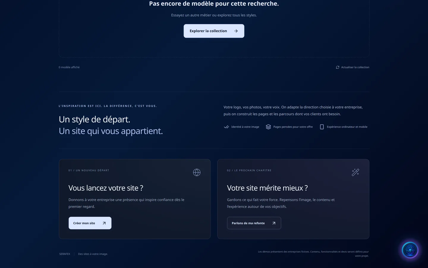 Capture de démonstration : « Un style de départ. Un site qui vous appartient. » : identité à votre image, pages pensées pour votre offre, expérience ordinateur et mobile, puis « Vous lancez votre site ? » et « Votre site mérite mieux ? ».