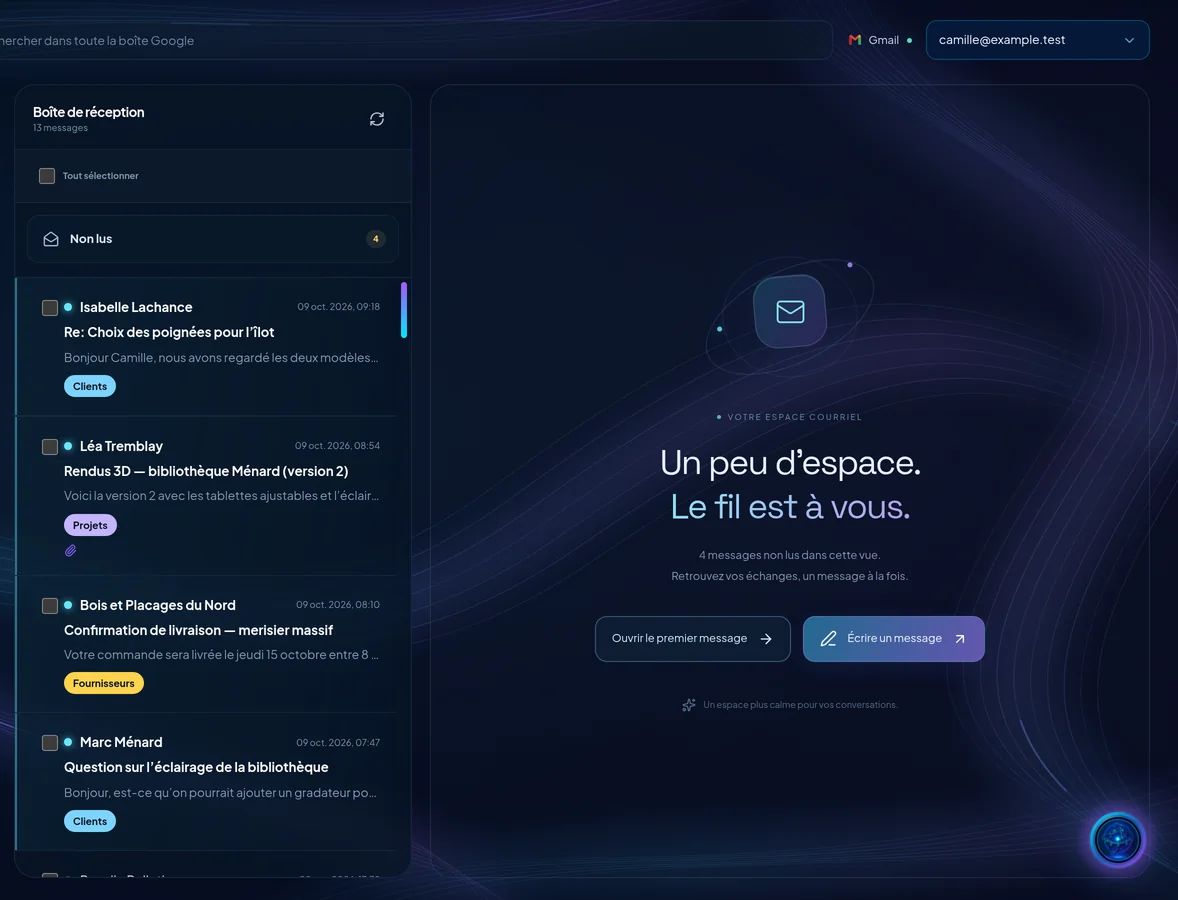 Capture de démonstration : Le volet de lecture au repos : « Un peu d’espace. Le fil est à vous. », avec les boutons « Ouvrir le premier message » et « Écrire un message ».