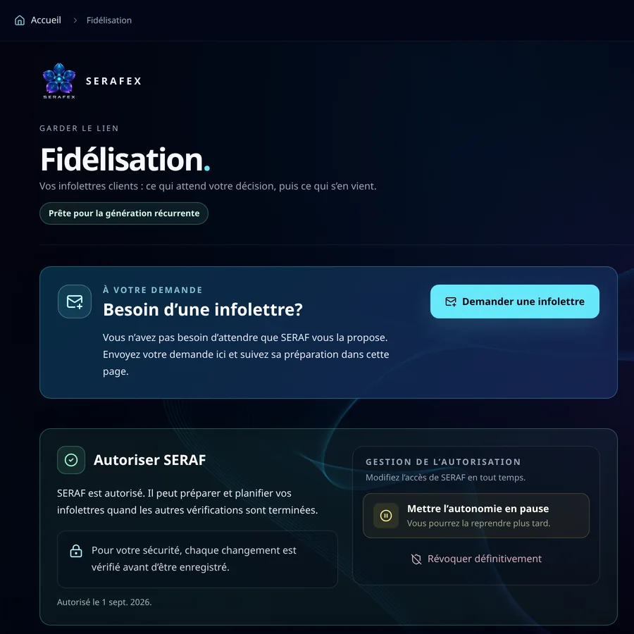 Capture de l’App Serafex (démonstration, données fictives) : Fidélisation, onglet Gestion : demander une infolettre et gérer l’autorisation de Seraf.