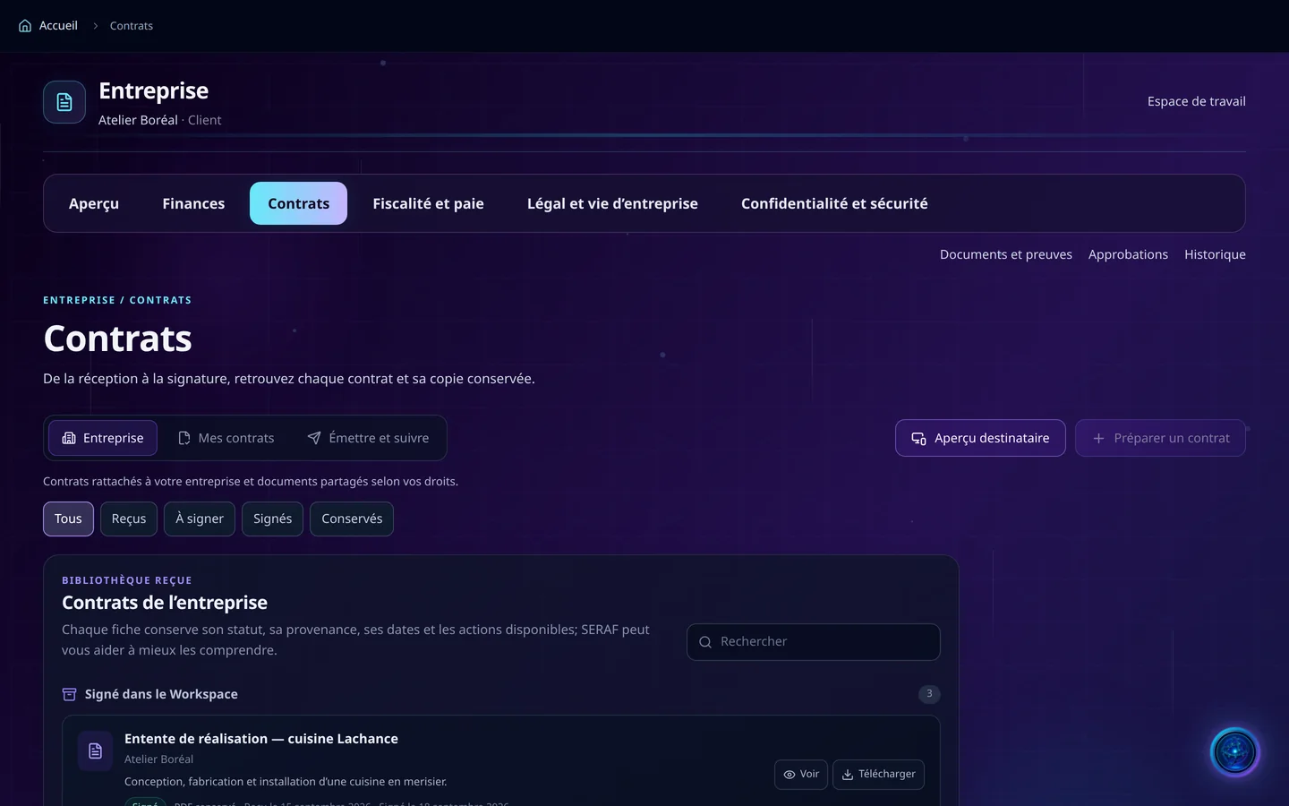 Capture de démonstration : Entreprise, onglet Contrats : les filtres Tous, Reçus, À signer, Signés et Conservés, et l’entente de réalisation de la cuisine Lachance, signée dans le Workspace.