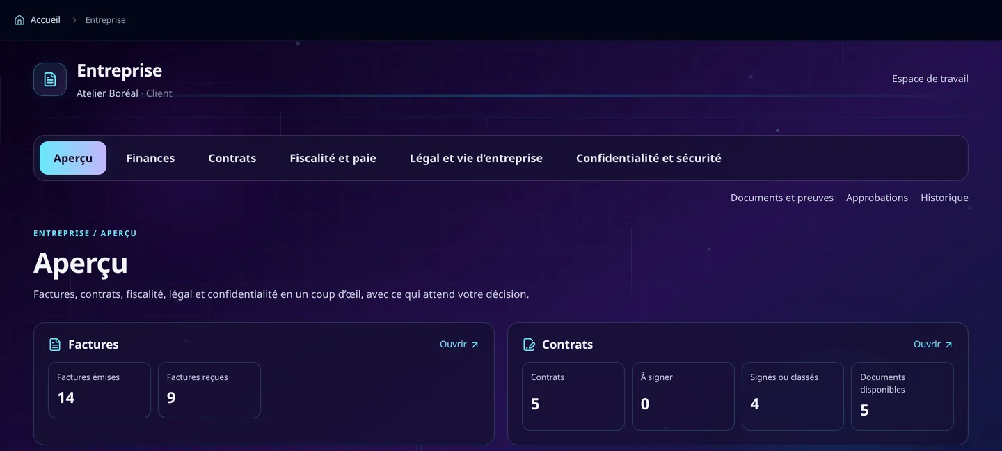 Capture de démonstration : L’aperçu de l’espace Entreprise : les onglets Aperçu, Finances, Contrats, Fiscalité et paie, Légal et vie d’entreprise, et les compteurs de factures émises et reçues et de contrats.