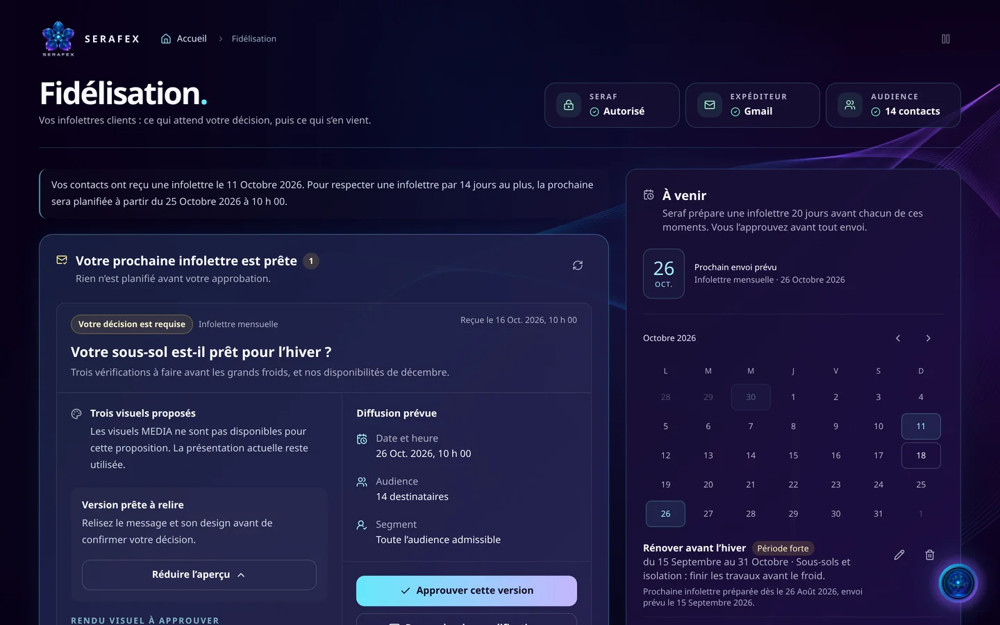 Capture de démonstration : la Fidélisation : l’infolettre prête à approuver, sa diffusion prévue et le calendrier des moments forts d’une entreprise fictive.