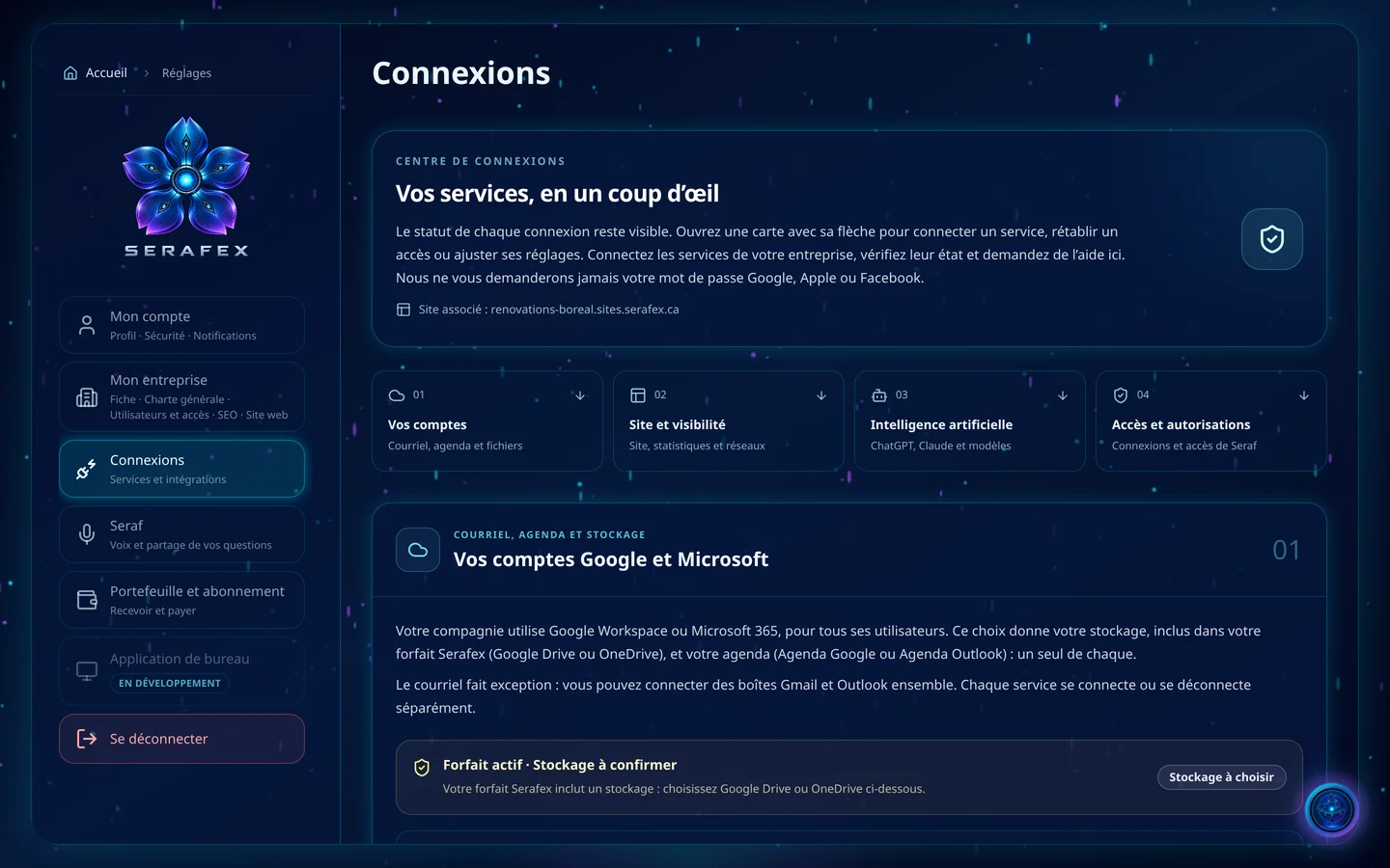 Capture de démonstration : Paramètres, Connexions : l’état des services et le bloc des comptes Google et Microsoft.