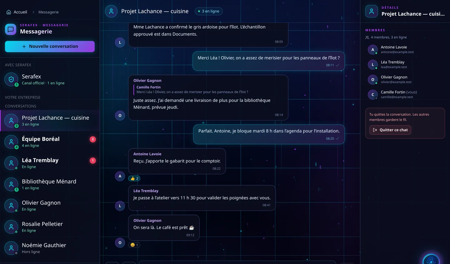 Capture de démonstration : La Messagerie : la conversation « Projet Lachance — cuisine », 3 personnes en ligne, une réponse citée et des réactions, avec ses membres à droite.