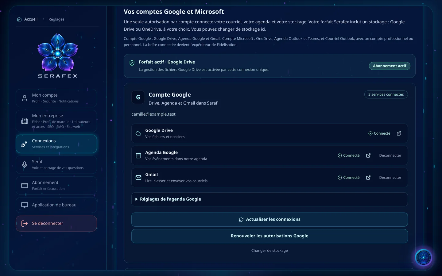 Capture de démonstration : Vos comptes Google et Microsoft : forfait actif avec Google Drive, compte Google connecté à Google Drive, Agenda Google et Gmail, avec les boutons Actualiser les connexions et Renouveler les autorisations.