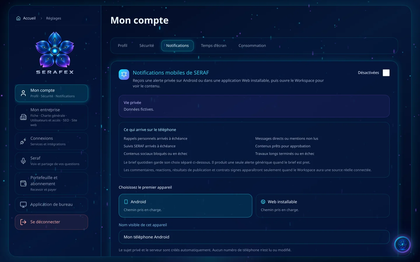 Capture de démonstration : Notifications mobiles de SERAF : ce qui arrive sur le téléphone, comme les rappels arrivés à échéance, les messages directs ou les contenus prêts pour approbation, puis le choix du premier appareil, Android ou Web installable.