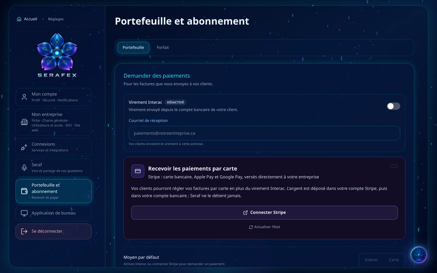 Capture de démonstration : Portefeuille et abonnement : demander des paiements par virement Interac, avec son courriel de réception, et recevoir les paiements par carte avec Stripe.