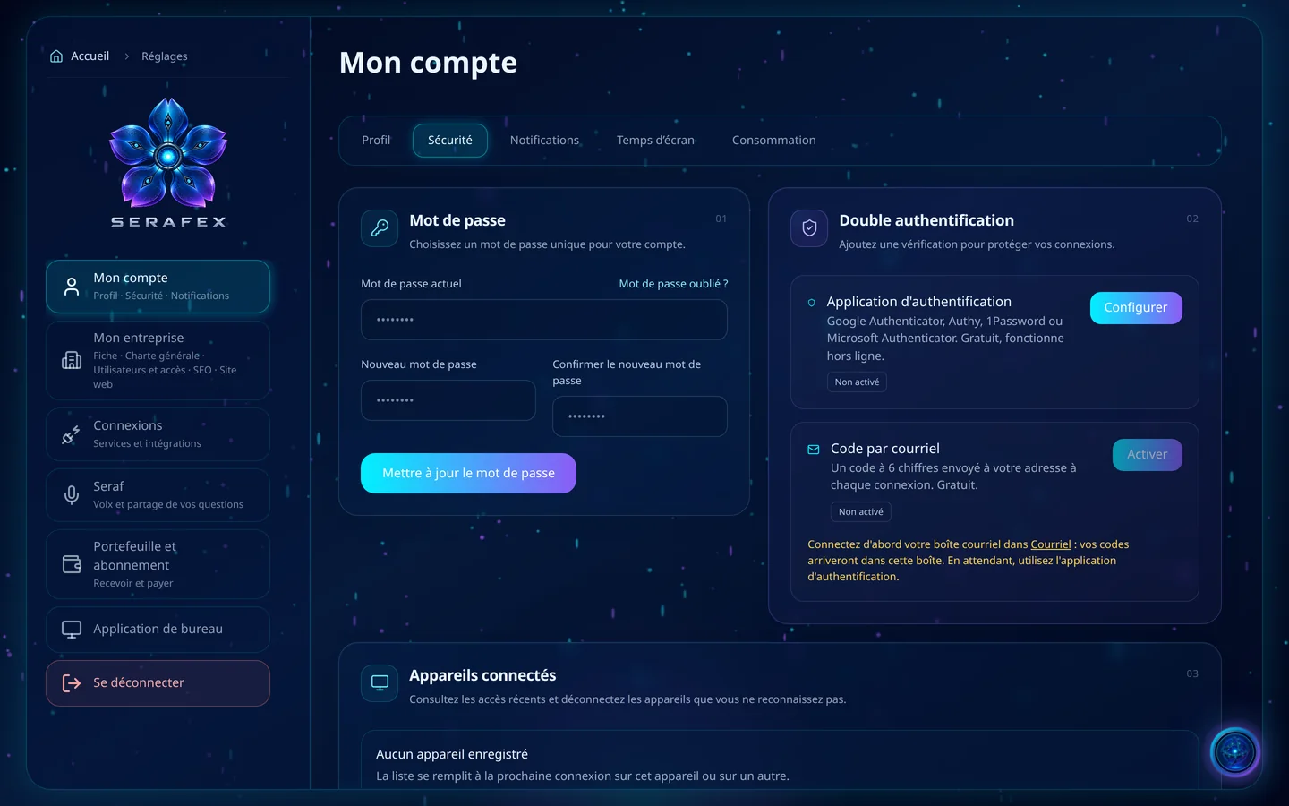 Capture de démonstration : Paramètres, Mon compte, onglet Sécurité : le mot de passe, la double authentification par application ou par code courriel, et les appareils connectés.