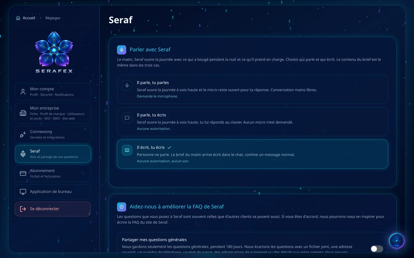 Capture de l’App Serafex (démonstration, données fictives) : Paramètres, onglet Seraf : les trois façons de recevoir le brief du matin, à voix haute ou par écrit.