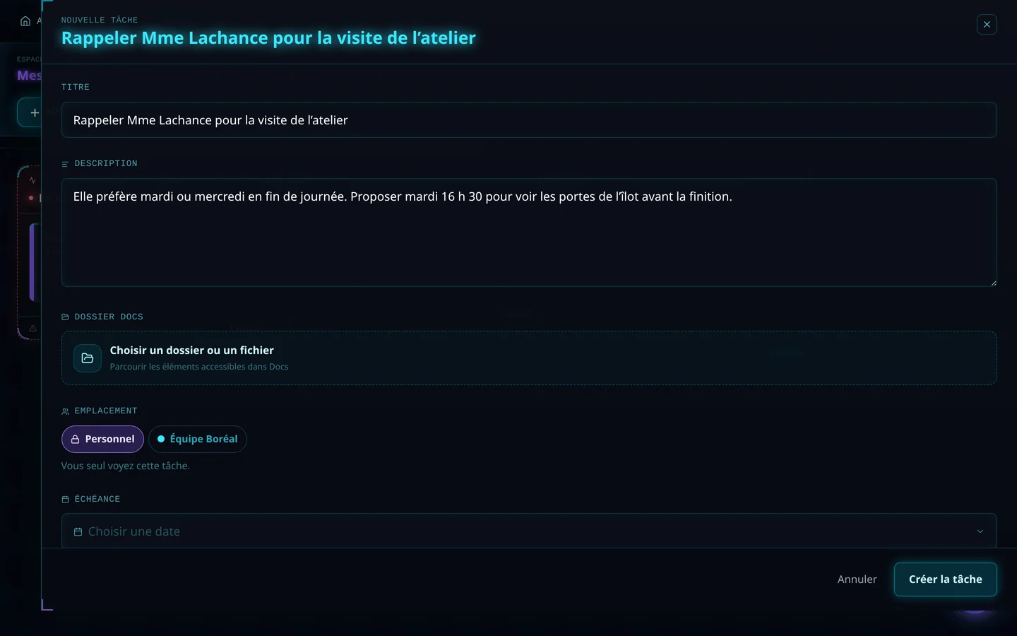 Capture de démonstration : La fiche Nouvelle tâche « Rappeler Mme Lachance pour la visite de l’atelier » : description, dossier de Documents, emplacement Personnel ou Équipe Boréal, échéance.