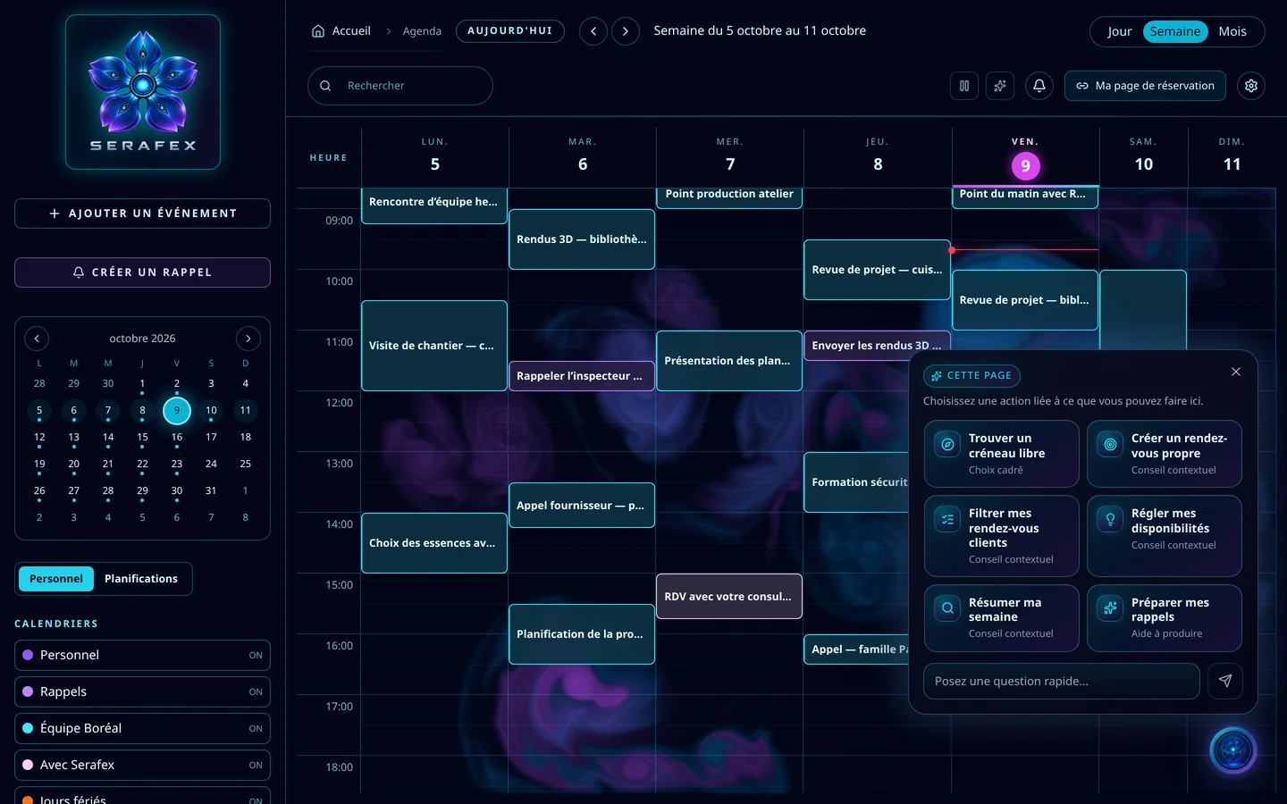 Capture de démonstration : Le panneau « Cette page » de Seraf sur l’Agenda : trouver un créneau libre, créer un rendez-vous propre, filtrer mes rendez-vous clients, régler mes disponibilités, résumer ma semaine, préparer mes rappels.