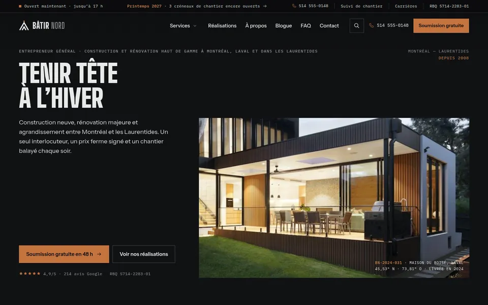 Accueil du modèle Construction et rénovation : le site de Bâtir Nord, entreprise fictive, sur ordinateur.