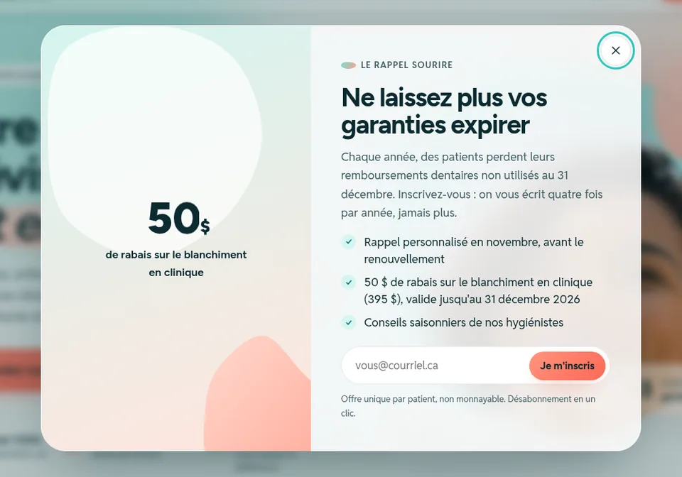 Modèle Sourire Lévis, entreprise fictive : une popup d’infolettre avec son offre, un champ courriel et le bouton « Je m’inscris ».