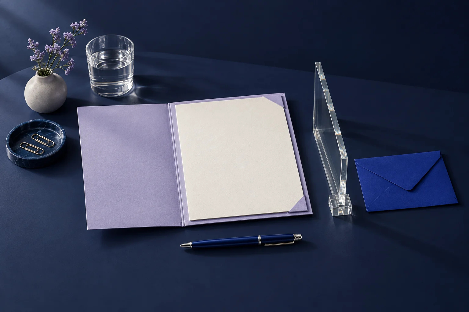 Une barrière de verre sépare le document préparé de l’enveloppe à envoyer; le stylo reste du côté de la décision humaine.