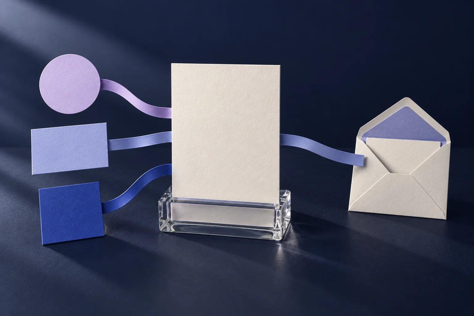 Trois cartes de canaux convergent vers une page centrale, puis un lien mène à une enveloppe de contact.