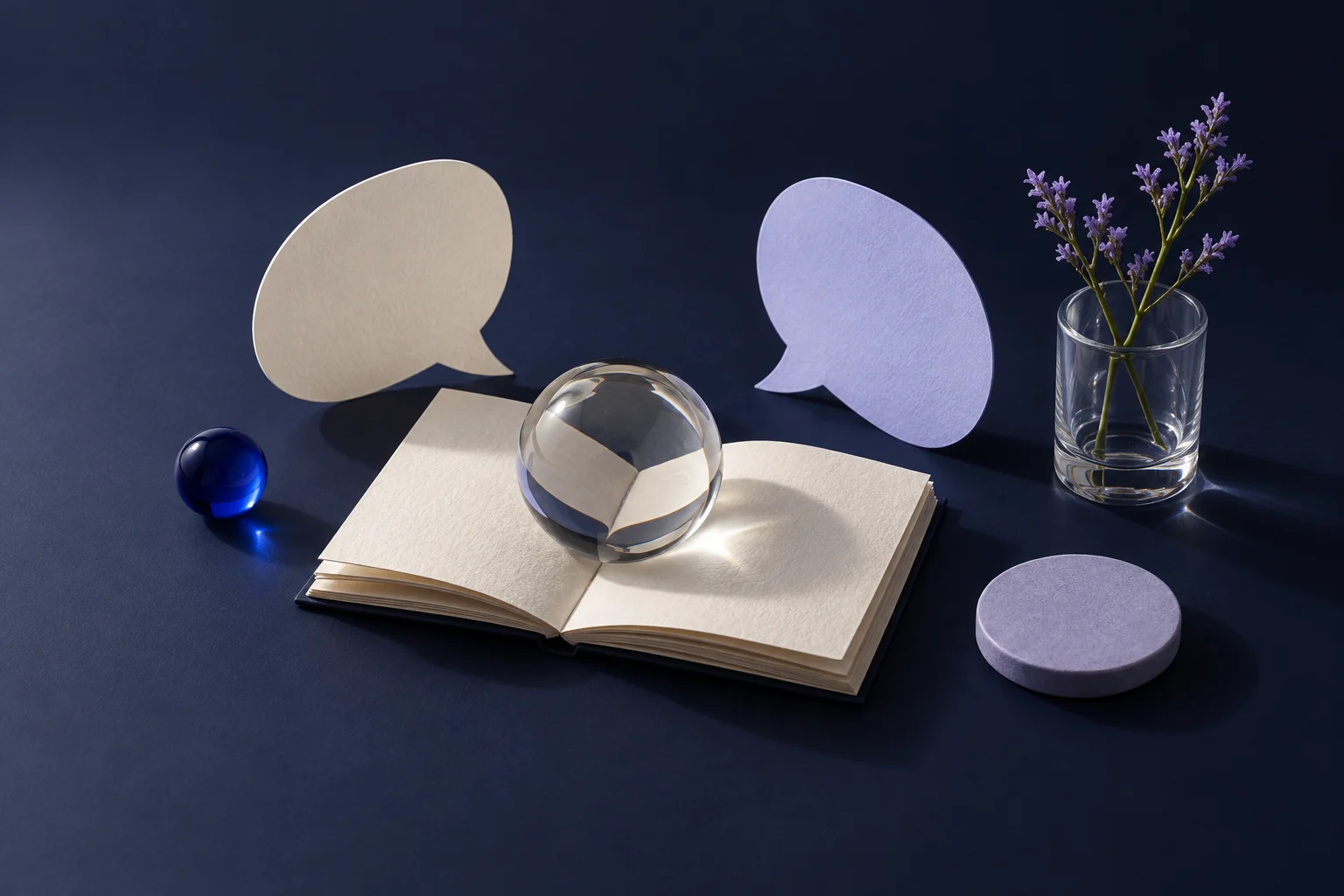 Deux bulles de conversation entourent un livret ouvert, pour des contenus qui répondent aux questions des clients.