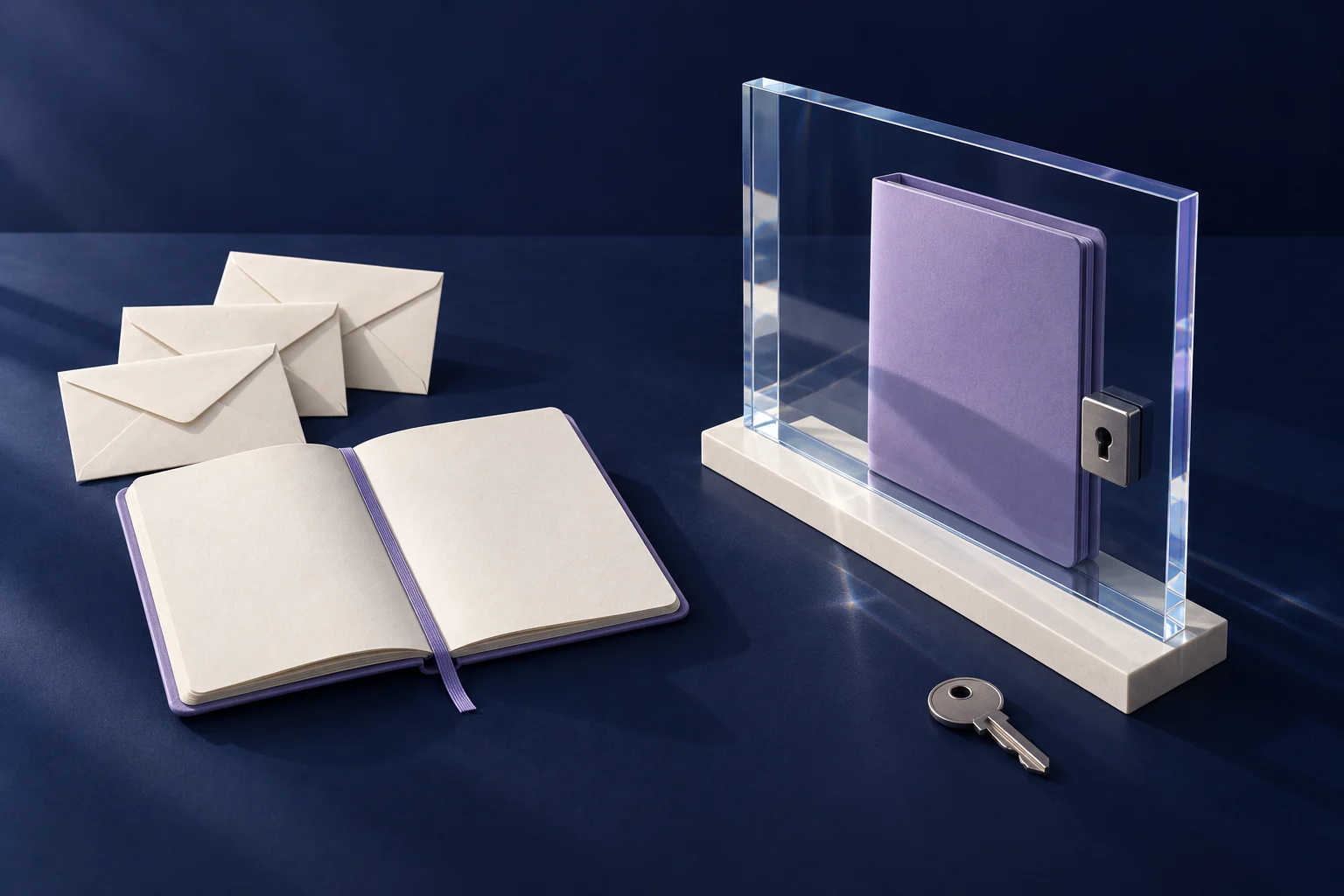 Des enveloppes et un carnet ouvert sont séparés d’un dossier derrière une barrière verrouillée; la clé reste à l’extérieur.